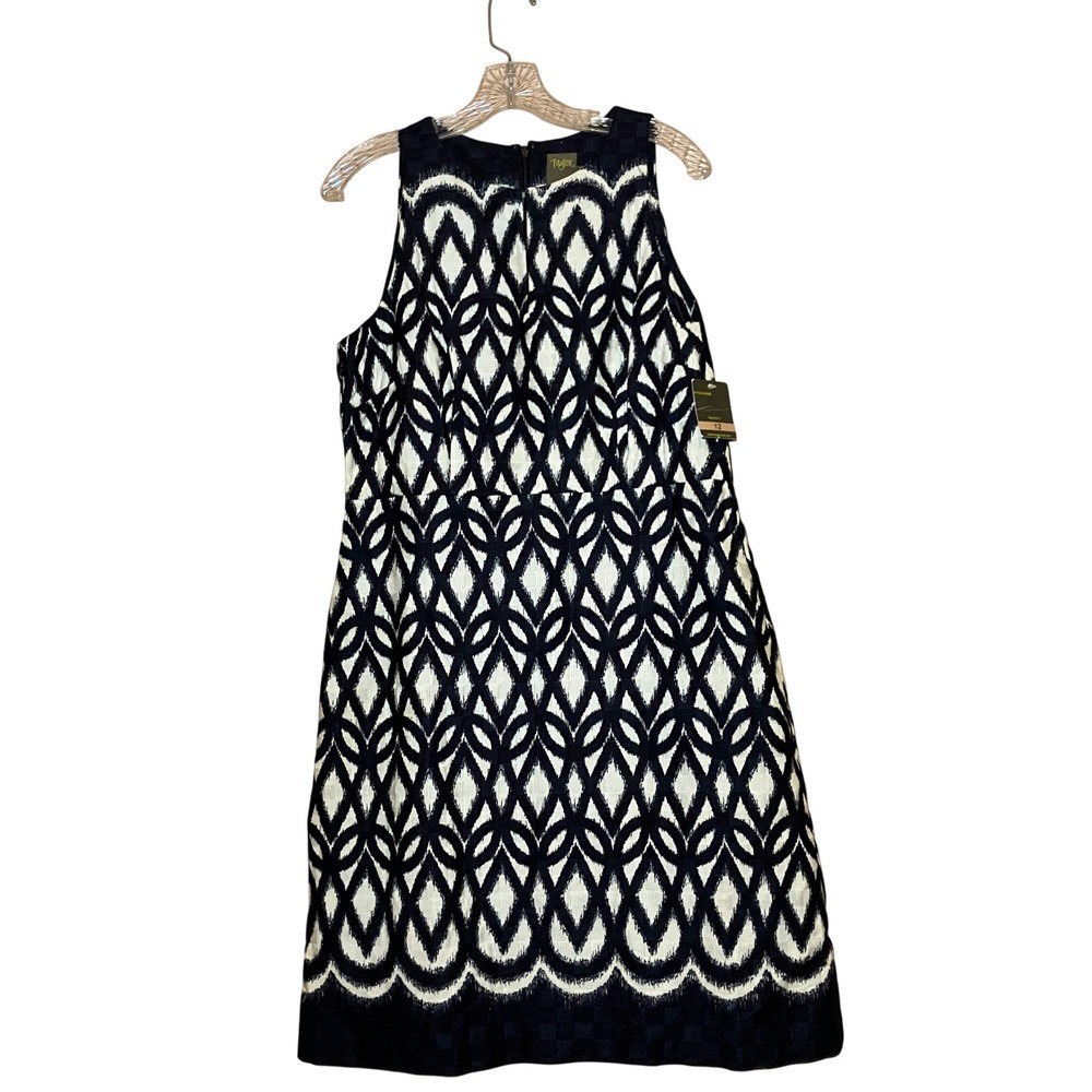 Taylor Sheath Dress Size12 Navy Blue NWT Geometric Sleeveless Jacquard HighNeck